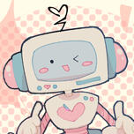 A white, pink and blue TV-head robot winking and doing a double thumbs up. She has a heart-shaped peach design on her chest and her antenna is bent like a heart.