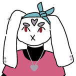 A anthro white rabbit with floppy ears and a blue headband tied around her head. She's wearing a pink crop-top over a black turtleneck.