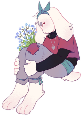 A white anthro rabbit with floppy ears. She has red eyes, a grey heart on her forehead and grey eyebrows. She’s hugging her knees and looking sideways at the viewer. Blue flowers come up from behind her.