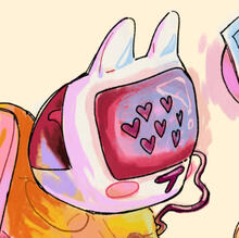 A tv-head robot with the head being a strawberry imac with cat ears. Her screen has a circle of hearts on it.