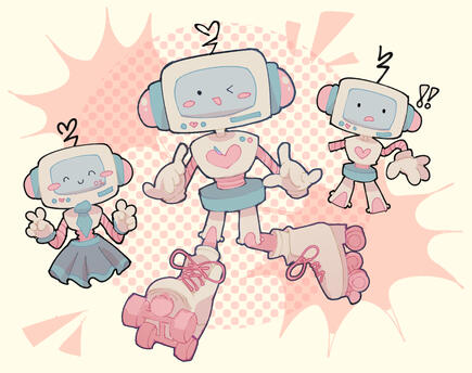 A pink, blue, and white tv-head robot on rollerskates with lots of hearts in her design. She's drawn winking and smiling, shocked, and in a Hatsune Miku outfit doing peace signs .